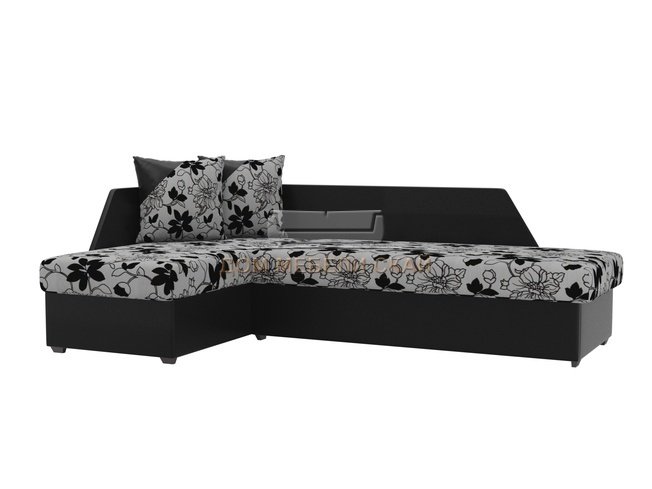Угловой диван-кровать левый Андора, цветы/черный/флок на рогожке/экокожа