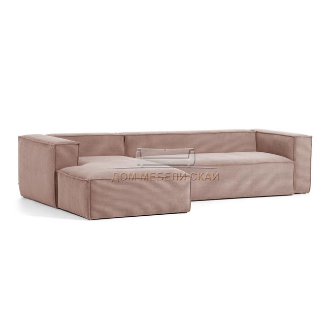 Угловой диван 3-х местный Blok с шезлонгом левый 330 см, розовый вельвет