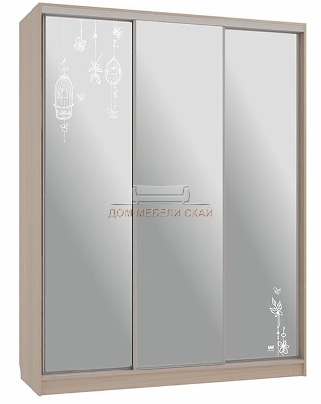 Шкаф-купе 3-дверный зеркальный Бассо 4-600, дуб млечный/птицы