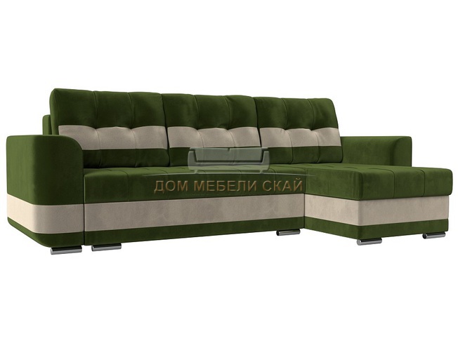 Угловой диван-кровать правый Честер, зеленый/бежевый/микровельвет