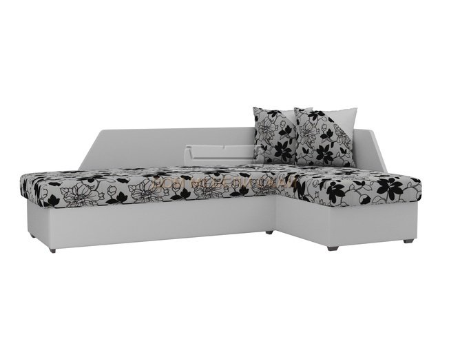 Угловой диван-кровать правый Андора, цветы/белый/флок на рогожке/экокожа