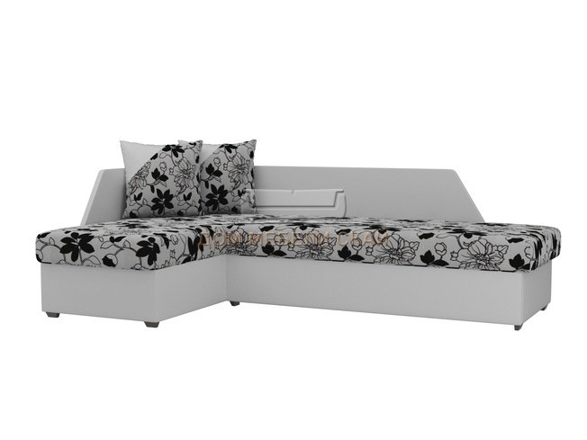 Угловой диван-кровать левый Андора, цветы/белый/флок на рогожке/экокожа