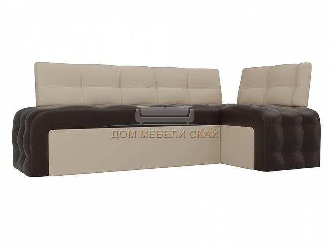Кухонный угловой диван правый Люксор, коричневый/бежевый/экокожа