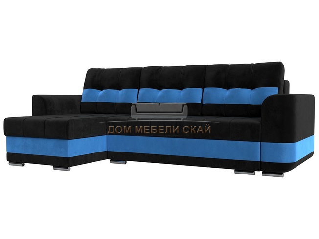 Угловой диван-кровать левый Честер, черный/голубой/велюр