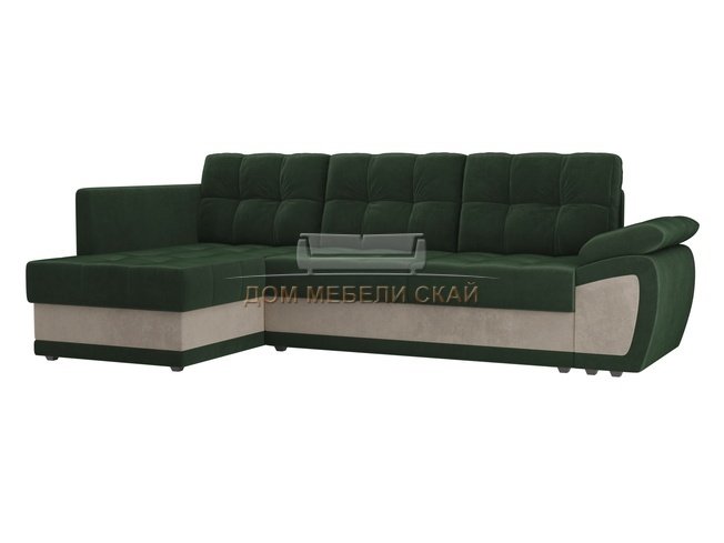 Угловой диван-кровать левый Нэстор прайм, зеленый/бежевый/велюр