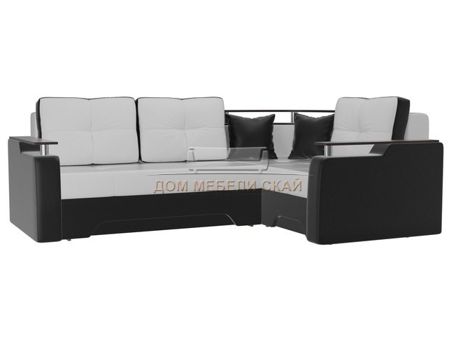 Угловой диван-кровать правый Комфорт, белый/черный/экокожа