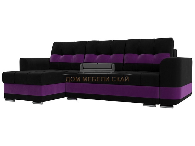 Угловой диван-кровать левый Честер, черный/фиолетовый/микровельвет
