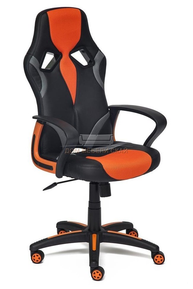 Кресло офисное Ранер Runner, черная экокожа/оранжевая сетка
