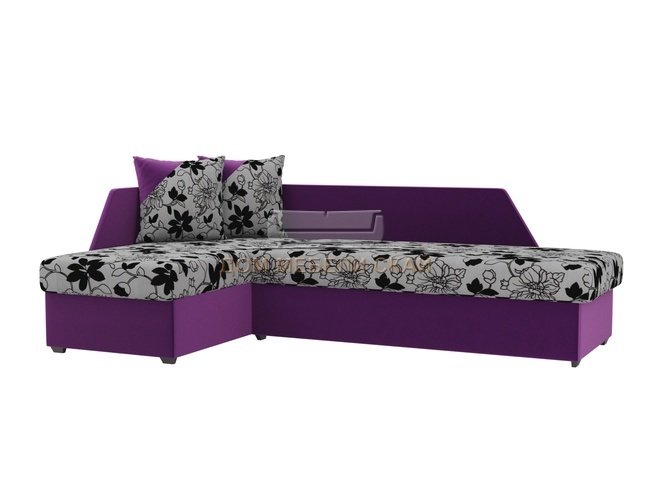 Угловой диван-кровать левый Андора, цветы/фиолетовый/флок на рогожке/микровельвет