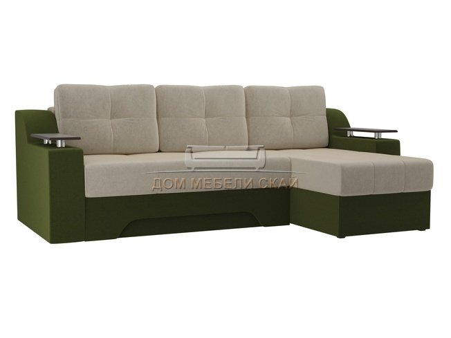 Угловой диван-кровать правый Сенатор, бежевый/зеленый/микровельвет