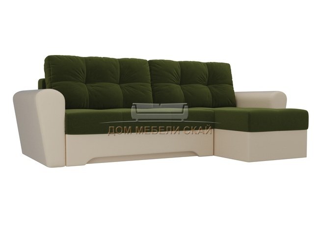 Угловой диван-кровать правый Амстердам, зеленый/бежевый/микровельвет/экокожа