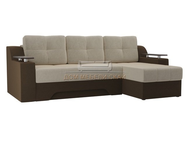 Угловой диван-кровать правый Сенатор, бежевый/коричневый/микровельвет
