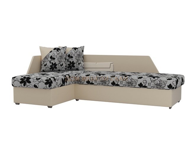 Угловой диван-кровать левый Андора, цветы/бежевый/флок на рогожке/экокожа