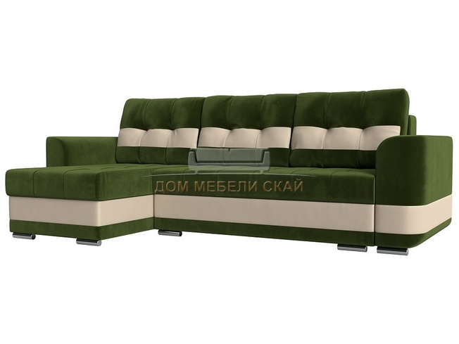 Угловой диван-кровать левый Честер, зеленый/бежевый/микровельвет/экокожа