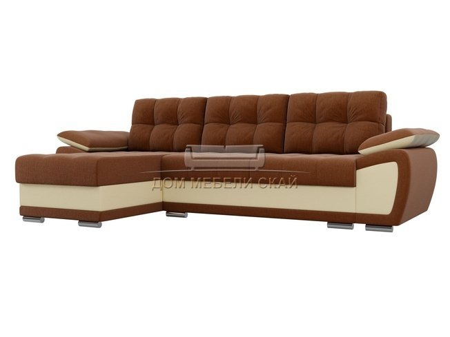 Угловой диван-кровать левый Нэстор, коричневый/бежевый/рогожка/экокожа