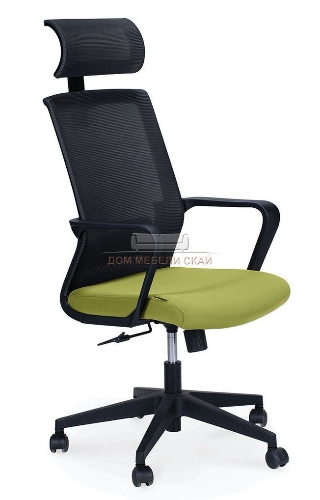 Кресло офисное Интер, база нейлон/черный пластик/серая сетка/зеленая ткань