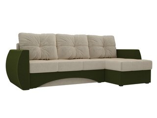 Угловой диван-кровать правый Сатурн, бежевый/зеленый/микровельвет