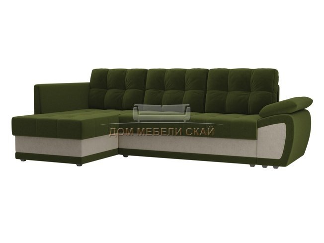 Угловой диван-кровать левый Нэстор прайм, зеленый/бежевый/микровельвет