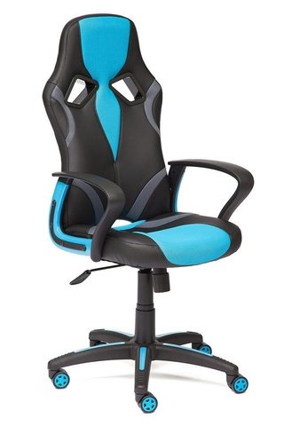 Кресло офисное Ранер Runner, черная экокожа/голубая сетка