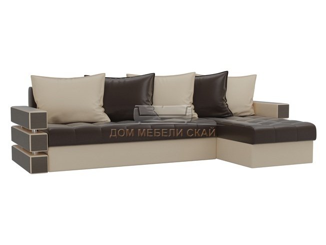 Угловой диван-кровать правый Венеция, коричневый/бежевый/экокожа