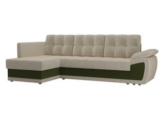 Угловой диван-кровать левый Нэстор прайм, бежевый/зеленый/микровельвет