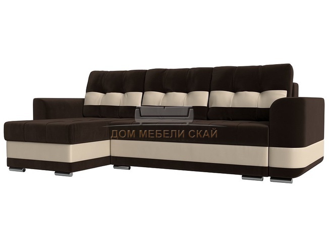 Угловой диван-кровать левый Честер, коричневый/бежевый/микровельвет/экокожа