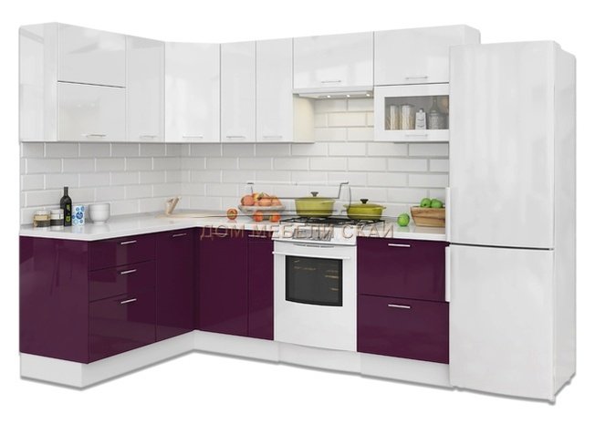 Кухня Модерн угловая 1600x2400, фиолетово-белый глянец