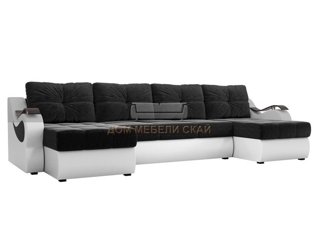 П-образный угловой диван Меркурий, черный/белый/микровельвет/экокожа