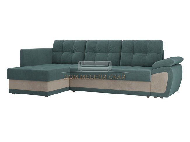 Угловой диван-кровать левый Нэстор прайм, бирюзовый/бежевый/велюр