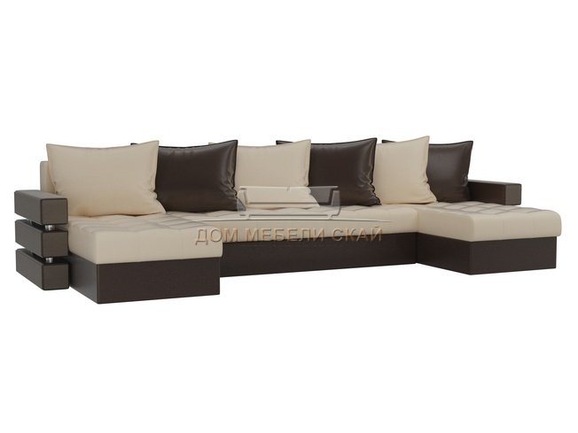 П-образный угловой диван Венеция, бежевый/коричневый/экокожа