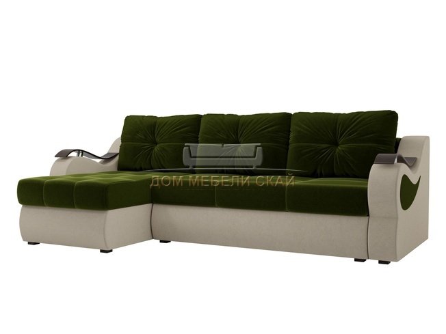 Угловой диван-кровать левый Меркурий, зеленый/бежевый/микровельвет