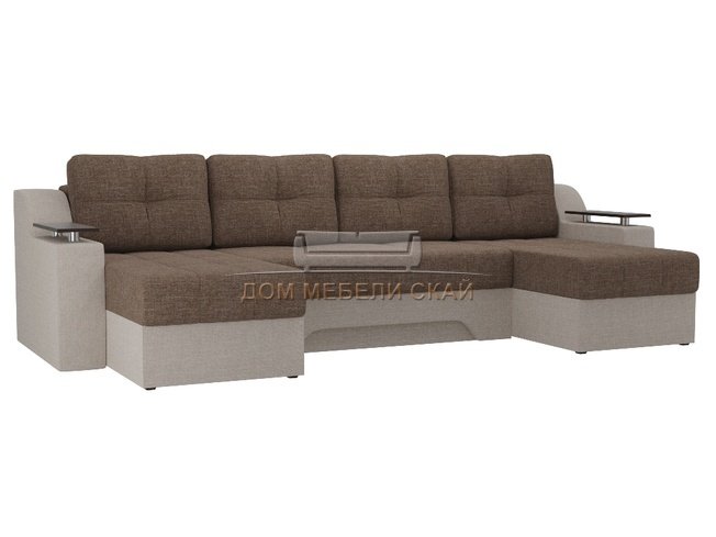 П-образный угловой диван Сенатор, коричневый/бежевый/рогожка