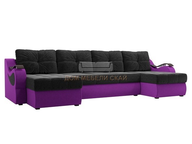 П-образный угловой диван Меркурий, черный/фиолетовый/микровельвет