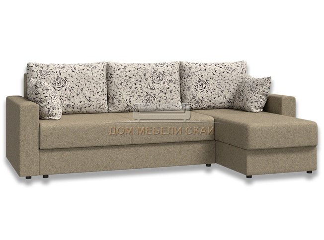 Угловой диван-кровать Лира с боковинами, бежевый/рогожка/велюр розы