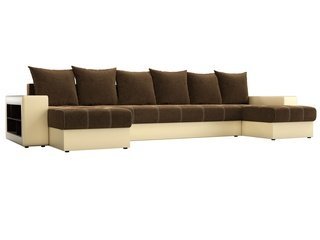 П-образный угловой диван Дубай, коричневый/бежевый/микровельвет/экокожа