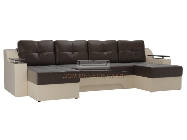 П-образный угловой диван Сенатор, коричневый/бежевый/экокожа