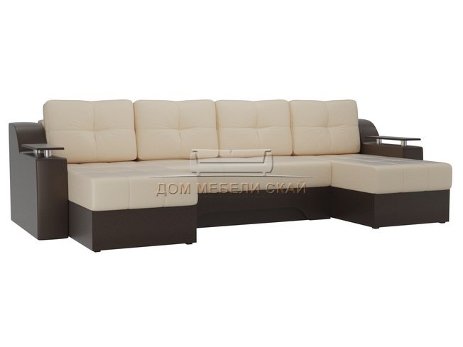 П-образный угловой диван Сенатор, бежевый/коричневый/экокожа