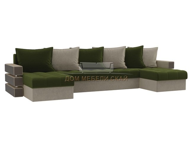П-образный угловой диван Венеция, зеленый/бежевый/микровельвет