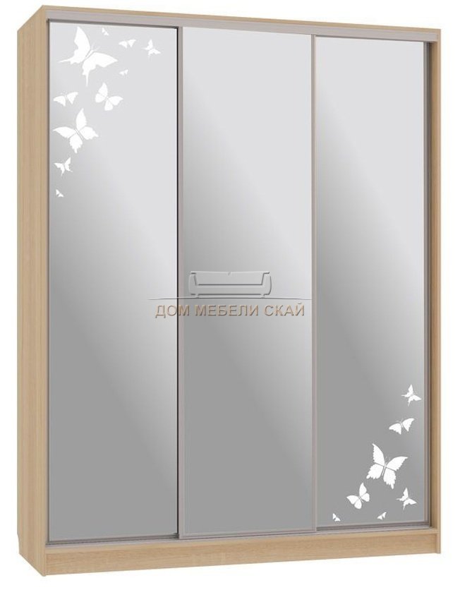 Шкаф-купе 3-дверный зеркальный Бассо 4-600, дуб сонома/бабочки