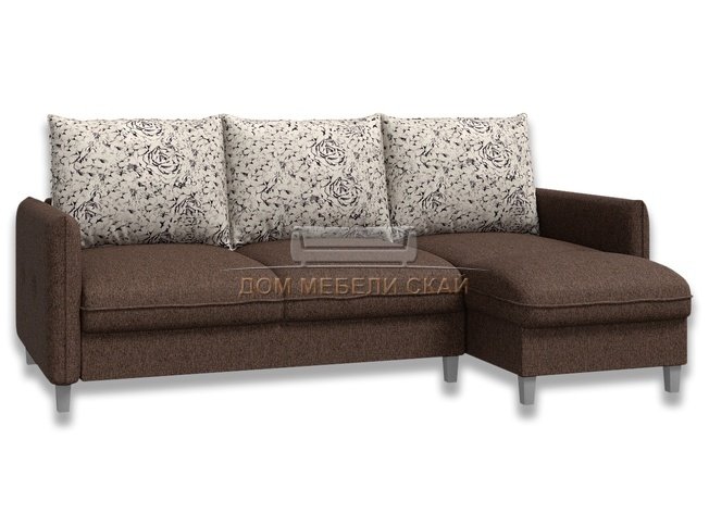 Угловой диван-кровать Лофт компакт, коричневый/рогожка/велюр розы