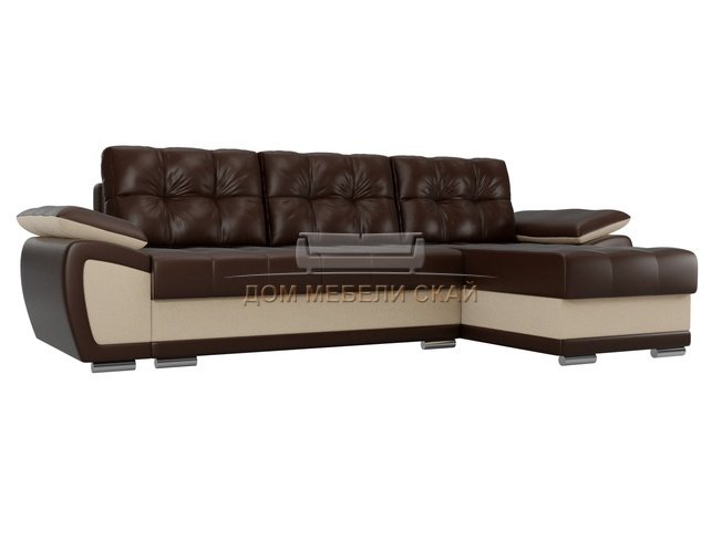 Угловой диван-кровать правый Нэстор, коричневый/бежевый/экокожа/рогожка