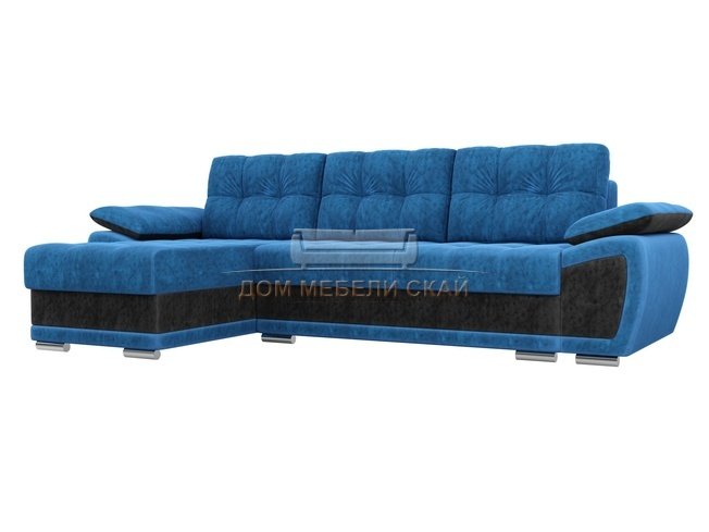 Угловой диван-кровать левый Нэстор, голубой/черный/велюр
