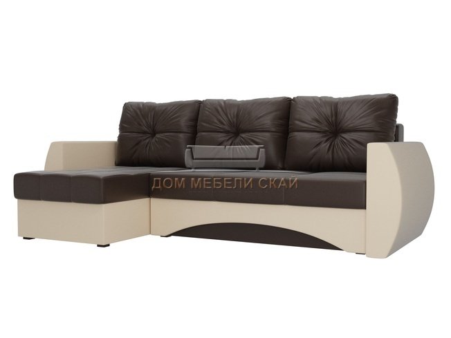 Угловой диван-кровать левый Сатурн, коричневый/бежевый/экокожа