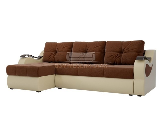 Угловой диван-кровать левый Меркурий, коричневый бежевый/рогожка/экокожа