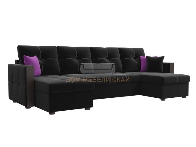 П-образный угловой диван Валенсия, черный/микровельвет