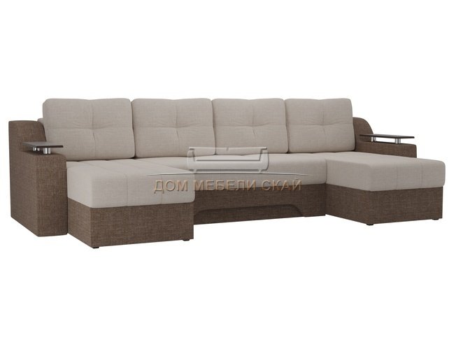 П-образный угловой диван Сенатор, бежевый/коричневый/рогожка