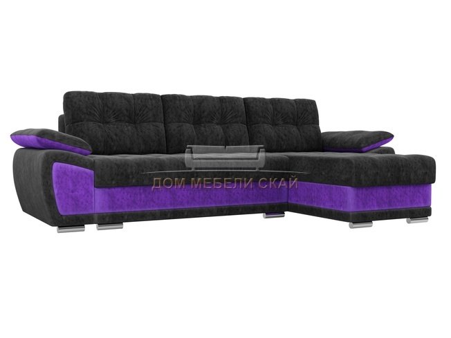 Угловой диван-кровать правый Нэстор, черный/фиолетовый/велюр