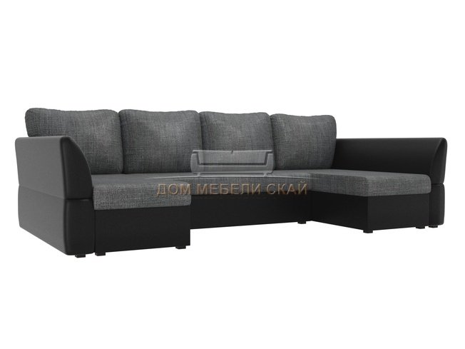 П-образный угловой диван Гесен, серый/черный/рогожка/экокожа