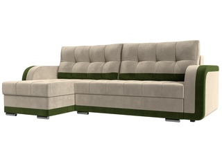 Угловой диван-кровать левый Марсель, бежевый/зеленый/микровельвет