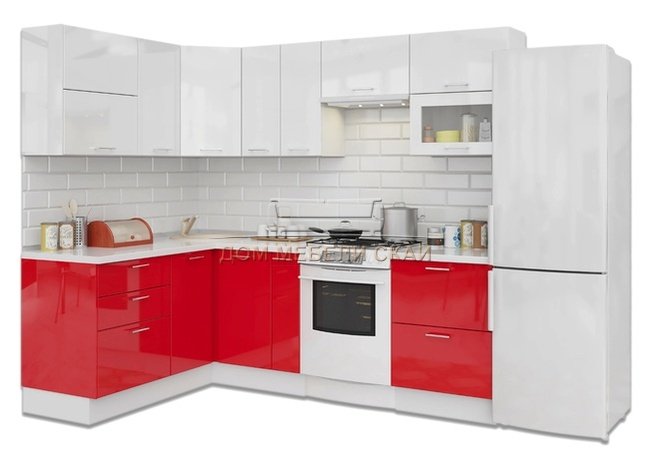 Кухня Модерн угловая 1600x2400, красно-белый глянец